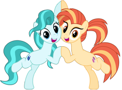 Size: 9384x6935 | Tagged: safe, artist:ejlightning007arts, imported from derpibooru, lighthoof, shimmy shake, earth pony, pony, 2 4 6 greaaat, best friends, bipedal, cheek to cheek, cute, duo, duo female, eyeshadow, female, holding hooves, lightorable, looking at you, makeup, ponytail, reference, shakeabetes, simple background, smiling, transparent background, vector