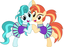 Size: 9384x6935 | Tagged: safe, alternate version, artist:ejlightning007arts, imported from derpibooru, lighthoof, shimmy shake, earth pony, pony, 2 4 6 greaaat, best friends, bipedal, cheek to cheek, cheerleader, cheerleader outfit, clothes, cute, duo, duo female, eyeshadow, female, holding hooves, lightorable, looking at you, makeup, ponytail, reference, shakeabetes, simple background, smiling, transparent background, vector