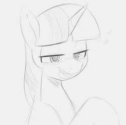Size: 746x744 | Tagged: safe, artist:tre, imported from derpibooru, twilight sparkle, pony, unicorn, blushing, bust, drunk, drunk bubbles, drunk twilight, female, looking at you, mare, monochrome, open mouth, raised hoof, sketch, solo, unicorn twilight