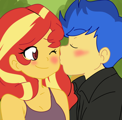 Size: 2048x2000 | Tagged: safe, artist:studiodraw, imported from derpibooru, flash sentry, sunset shimmer, human, equestria girls, blushing, cheek kiss, eyes closed, female, flashimmer, kissing, male, one eye closed, shipping, smiling, straight, wrong eye color