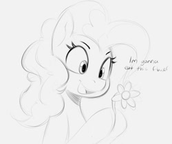 Size: 908x763 | Tagged: safe, artist:tre, imported from derpibooru, pinkie pie, earth pony, pony, dialogue, female, flower, herbivore, holding something, horses doing horse things, looking at something, mare, monochrome, open mouth, sketch, solo