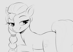 Size: 1240x883 | Tagged: safe, artist:tre, imported from derpibooru, sunny starscout, earth pony, pony, bedroom eyes, female, flank, g5, hairband, looking back, mare, monochrome, raised hoof, sketch, smiling, solo