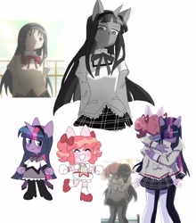 Size: 2828x3218 | Tagged: safe, artist:exxi00, imported from derpibooru, screencap, pinkie pie, twilight sparkle, anthro, earth pony, human, unicorn, anime, clothes, crossover, duo, female, homura akemi, hug, lesbian, madoka kaname, magical girl, puella magi madoka magica, school uniform, shipping, simple background, smiling, twinkie, white background