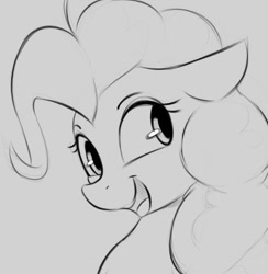 Size: 638x655 | Tagged: safe, artist:tre, imported from derpibooru, pinkie pie, earth pony, pony, bust, female, floppy ears, looking away, looking up, mare, monochrome, open mouth, sketch, smiling, solo