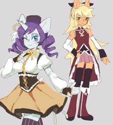 Size: 3000x3300 | Tagged: safe, artist:exxi00, imported from derpibooru, applejack, rarity, anthro, earth pony, unicorn, anime, bow, clothes, cosplay, costume, duo, female, kyouko sakura, magical girl, mami tomoe, one eye closed, puella magi madoka magica, simple background, skirt, smiling, wink
