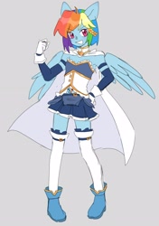 Size: 2224x3154 | Tagged: safe, artist:exxi00, imported from derpibooru, rainbow dash, anthro, pegasus, anime, clothes, cosplay, costume, female, magical girl, puella magi madoka magica, sayaka miki, simple background, skirt, smiling, solo, standing, wings