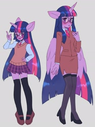 Size: 2236x2975 | Tagged: safe, artist:exxi00, imported from derpibooru, twilight sparkle, alicorn, anthro, unicorn, clothes, female, glasses, necktie, school uniform, simple background, skirt, smiling, solo, twilight sparkle (alicorn)