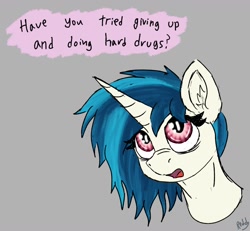Size: 1456x1346 | Tagged: safe, artist:reddthebat, imported from derpibooru, dj pon-3, vinyl scratch, pony, unicorn, bust, dialogue, ear fluff, female, gray background, mare, missing accessory, no glasses, signature, simple background, solo, speech bubble, talking to viewer