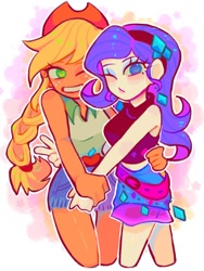 Size: 1125x1500 | Tagged: safe, artist:wr1111111, imported from derpibooru, applejack, rarity, human, equestria girls, clothes, duo, female, lesbian, looking at you, one eye closed, peace sign, rarijack, shipping, skirt, sleeveless, smiling, wink