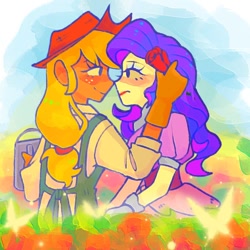 Size: 900x900 | Tagged: safe, artist:wr1111111, imported from derpibooru, applejack, rarity, human, equestria girls, clothes, cottagecore, duo, female, lesbian, looking at each other, looking at someone, rarijack, shipping, smiling