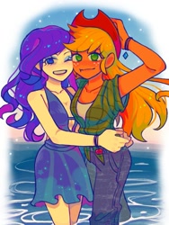 Size: 1125x1500 | Tagged: safe, artist:wr1111111, imported from derpibooru, applejack, rarity, human, equestria girls, clothes, duo, female, hug, lesbian, looking at you, one eye closed, rarijack, shipping, skirt, smiling, wink