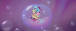 Size: 1600x670 | Tagged: safe, imported from derpibooru, screencap, pinkie pie, princess skystar, seapony (g4), my little pony: the movie, bubble, dancing, duo, female, fin wings, fins, fish tail, flowing mane, flowing tail, in bubble, mare, ocean, one small thing, pinkie pie trapped in a bubble, seaponified, seapony pinkie pie, seaquestria, species swap, swimming, tail, underwater, water, wings