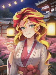 Size: 1020x1360 | Tagged: safe, imported from derpibooru, sunset shimmer, human, equestria girls, ai content, ai generated, architecture, breasts, busty sunset shimmer, cherry blossoms, clothes, female, fence, flower, flower blossom, generator:novelai, generator:stable diffusion, humanized, japanese, kimono (clothing), lamp, lantern, lighting, lips, long hair, looking at you, night, plant, prompter:sammykun, smiling, solo, tree, wood, yukata