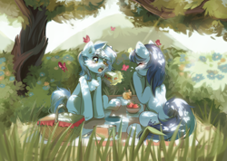 Size: 3000x2140 | Tagged: safe, artist:pledus, imported from derpibooru, oc, oc only, butterfly, pony, unicorn, basket, blushing, bush, chest fluff, commission, cute, duo, ear fluff, eye clipping through hair, eyes closed, female, flower, food, giggling, glowing, glowing horn, grass, happy, high res, horn, laughing, levitation, magic, magic aura, mare, ocbetes, open mouth, picnic, picnic basket, picnic blanket, sandwich, signature, sitting, smiling, sparkly eyes, strawberry, telekinesis, tree, unicorn oc, wingding eyes