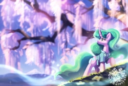 Size: 2528x1701 | Tagged: safe, artist:oofycolorful, imported from derpibooru, mistmane, pony, unicorn, clothes, curved horn, female, high res, horn, mare, robe, scenery, signature, smiling, solo, tree