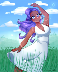 Size: 2975x3660 | Tagged: safe, artist:mylittleyuri, imported from derpibooru, rarity, human, armpits, blushing, breasts, busty rarity, cleavage, clothes, dark skin, dress, elf ears, female, grass, high res, humanized, signature, smiling, solo, sundress