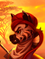 Size: 1440x1920 | Tagged: safe, artist:kleowolfy, imported from derpibooru, oc, oc only, zebra, equestria at war mod, bust, gritted teeth, male, portrait, solo, sunset, sword, teeth, turban, weapon, zebra oc