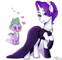 Size: 1932x1848 | Tagged: safe, artist:xiaowu07, imported from derpibooru, rarity, spike, dragon, pony, unicorn, the gift of the maud pie, baby, baby dragon, clothes, dress, eyeshadow, female, g4, gloves, jewelry, makeup, male, shipping, simple background, sparity, straight, white background