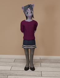 Size: 2520x3240 | Tagged: safe, artist:cicada bluemoon, imported from derpibooru, oc, oc only, oc:cicada bluemoon, anthro, 3d, anthro oc, clothes, crossdressing, femboy, hands behind back, looking at you, male, room, shirt, skirt, socks, solo, stockings, t-shirt, thigh highs
