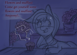 Size: 982x709 | Tagged: safe, anonymous artist, imported from derpibooru, earth pony, pony, series:misty pov, bouquet, bouquet of flowers, dahlia, dialogue, female, flower, food, g5, limited palette, mare, muffin, sketch, solo, speech bubble, steam, sweat, sweatdrop, talking, unshorn fetlocks