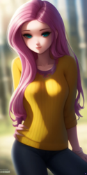 Size: 1536x3072 | Tagged: safe, imported from derpibooru, fluttershy, human, ai content, ai generated, clothes, denim, female, generator:purplesmart.ai, generator:stable diffusion, humanized, jeans, looking at you, pants, solo, sweater, uncanny valley