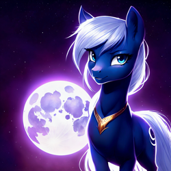 Size: 1024x1024 | Tagged: safe, artist:darbarri, imported from derpibooru, oc, earth pony, pony, ai assisted, ai content, generator:stable diffusion, jewelry, looking at you, moon, night, smiling, solo