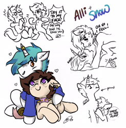 Size: 3187x3237 | Tagged: safe, artist:opalacorn, imported from derpibooru, oc, oc only, oc:allicoot, oc:snowy blue, earth pony, pony, snail, unicorn, bipedal, chest fluff, choker, clothes, commission, cuddling, ear piercing, earring, female, hoodie, horn, horn ring, jewelry, lying down, male, mare, oc x oc, on back, piercing, pinned, prone, ring, shipping, simple background, spiked choker, stallion, straight, white background