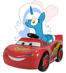 Size: 800x890 | Tagged: safe, artist:santi0095, imported from derpibooru, oc, oc only, oc:fleurbelle, alicorn, pony, alicorn oc, bow, car, female, hair bow, horn, lightning mcqueen, mare, simple background, solo, transparent background, wings, yellow eyes