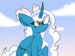 Size: 3334x2500 | Tagged: safe, artist:icydarkflame, imported from derpibooru, oc, oc only, oc:fleurbelle, alicorn, butterfly, pony, alicorn oc, bow, cloud, cute, female, hair bow, horn, mare, sky, solo, wings, yellow eyes