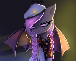 Size: 2609x2090 | Tagged: safe, artist:opal_radiance, imported from derpibooru, oc, oc only, unnamed oc, bat pony, pony, bat pony oc, bat wings, braid, braided pigtails, clothes, crepuscular rays, evil grin, eyebrows, female, gradient background, grin, high res, pigtails, signature, smiling, solar empire, solo, spread wings, suit, uniform, white, wings
