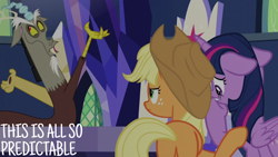 Size: 2000x1125 | Tagged: safe, edit, edited screencap, editor:quoterific, imported from derpibooru, screencap, applejack, discord, twilight sparkle, alicorn, draconequus, earth pony, pony, the beginning of the end, annoyed, applejack is not amused, applejack's hat, cowboy hat, cutie map, discord is not amused, facial hair, female, floppy ears, freckles, frown, goatee, hair tie, hat, looking back, looking up, male, mare, nervous, panicking, snaggletooth, trio, twilight sparkle (alicorn), twilight's castle, unamused
