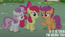 Size: 2000x1125 | Tagged: safe, edit, edited screencap, editor:quoterific, imported from derpibooru, screencap, apple bloom, scootaloo, sweetie belle, earth pony, pegasus, pony, unicorn, crusaders of the lost mark, apple bloom's bow, bow, bush, cutie mark crusaders, female, filly, flower, foal, frown, hair bow, open mouth, raised hoof, standing, trio, trio female