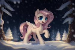 Size: 760x512 | Tagged: safe, imported from derpibooru, fluttershy, pegasus, pony, ai assisted, ai content, ai generated, female, forest, mare, open mouth, raised hoof, snow, snowfall, solo