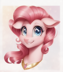 Size: 512x584 | Tagged: safe, imported from derpibooru, pinkie pie, earth pony, pony, ai assisted, ai content, ai generated, bust, female, jewelry, mare, portrait, regalia, simple background, smiling, solo