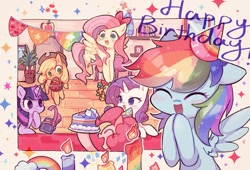 Size: 1703x1159 | Tagged: safe, artist:y_songmo, imported from derpibooru, applejack, fluttershy, pinkie pie, rainbow dash, rarity, twilight sparkle, earth pony, pony, unicorn, apple, applejack's hat, basket, birthday, birthday cake, birthday party, book, cake, candle, cowboy hat, cute, dashabetes, diapinkes, eyes closed, female, flying, food, glowing, glowing horn, hat, horn, jackabetes, levitation, magic, magic aura, mane six, mare, mouth hold, open mouth, party, party hat, raribetes, shyabetes, sparkles, spread wings, telekinesis, twiabetes, wings