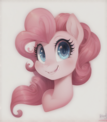 Size: 512x584 | Tagged: safe, imported from derpibooru, pinkie pie, earth pony, pony, ai assisted, ai content, ai generated, bust, female, mare, portrait, simple background, smiling, solo