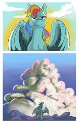 Size: 2000x3100 | Tagged: safe, artist:seventozen, imported from derpibooru, rainbow dash, pony, comic:the problem of parthus, cloud, quadrupedal, solo