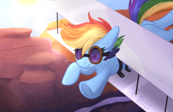 Size: 3517x2276 | Tagged: safe, artist:lbrcloud, imported from derpibooru, rainbow dash, earth pony, pony, alternate universe, artificial wings, augmented, clothes, cute, dashabetes, determined, earth pony rainbow dash, female, flying, goggles, race swap, rock, sky, solo, sun, wings