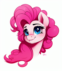 Size: 512x584 | Tagged: safe, imported from derpibooru, pinkie pie, earth pony, pony, ai assisted, ai content, ai generated, bust, female, mare, portrait, simple background, smiling, solo, white background