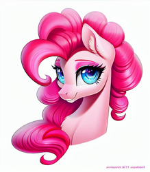 Size: 512x584 | Tagged: safe, imported from derpibooru, pinkie pie, earth pony, pony, ai assisted, ai content, ai generated, bust, female, mare, portrait, simple background, smiling, solo, white background