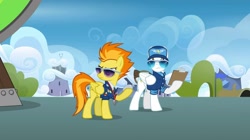Size: 2160x1210 | Tagged: safe, imported from derpibooru, screencap, spitfire, pegasus, pony, wonderbolts academy, clipboard, clothes, cloud, dizzitron, drill sergeant, duo, duo male and female, female, male, mare, necktie, needs more jpeg, spitfire's whistle, stallion, stopwatch, sunglasses, uniform, whistle, whistle necklace, wonderbolts dress uniform