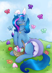 Size: 2480x3507 | Tagged: safe, artist:kirari_chan, imported from derpibooru, oc, oc only, butterfly, pony, unicorn, absurd file size, blushing, bunny ears, cloud, cloudy, commission, diaper, diaper fetish, easter, easter bunny, easter egg, female, fetish, finished commission, flower, full body, grass, holiday, horn, jewelry, long hair, long mane, long tail, necklace, outdoors, sitting, solo, tail, unicorn oc, ych result
