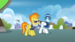 Size: 2160x1210 | Tagged: safe, imported from derpibooru, screencap, spitfire, pegasus, pony, wonderbolts academy, clipboard, clothes, cloud, dizzitron, duo, duo male and female, female, male, mare, necktie, needs more jpeg, spitfire's whistle, stallion, sunglasses, uniform, whistle, whistle necklace, wonderbolts dress uniform
