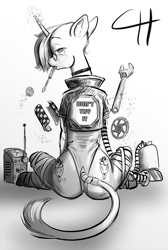 Size: 2434x3631 | Tagged: safe, artist:capt_hairball, imported from derpibooru, oc, oc:paneer masala, classical unicorn, pony, unicorn, fallout equestria, butt, choker, clothes, cloven hooves, female, jacket, leonine tail, leotard, looking at you, looking back, looking back at you, plot, scar, simple background, solo, straps, the ass was fat, tools, unshorn fetlocks