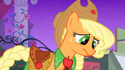 Size: 1920x1080 | Tagged: safe, imported from derpibooru, screencap, applejack, earth pony, pony, season 1, the best night ever, 1080p, clothes, dress, female, frown, gala dress, mare, sad, solo