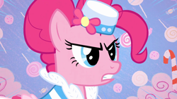 Size: 1920x1080 | Tagged: safe, imported from derpibooru, screencap, pinkie pie, earth pony, pony, season 1, the best night ever, 1080p, abstract background, angry, candy, candy cane, clothes, dress, female, food, gala dress, gritted teeth, hat, lollipop, mare, narrowed eyes, pinkie pie is not amused, solo, sweets, teeth, unamused