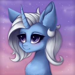 Size: 2000x2000 | Tagged: safe, artist:saltyvity, imported from derpibooru, trixie, pony, unicorn, big ears, big eyes, blue pony, blushing, cute, ear fluff, embarrassed, female, fluffy, happy, happy face, purple background, purple eyes, shadow, simple background, sky, smiling, solo, sparkles, stars, sunset, white mane