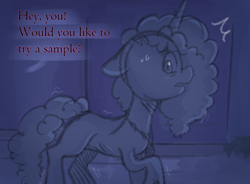 Size: 967x712 | Tagged: safe, anonymous artist, imported from derpibooru, pony, unicorn, series:misty pov, concave belly, cornrows, dialogue, ears back, emaciated, female, g5, implied dahlia, injured, jewelry, limited palette, mare, misty brightdawn, necklace, offscreen character, raised hoof, ribs, shaking, solo, sweat, sweatdrop, sweatdrops