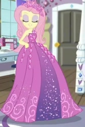 Size: 1076x1592 | Tagged: safe, imported from derpibooru, screencap, fluttershy, human, costume conundrum, equestria girls, equestria girls series, spoiler:eqg series (season 2), bare shoulders, beautiful, bedroom, clothes, costume conundrum: rarity, cropped, dress, eyes closed, gown, happy, jewelry, princess costume, princess fluttershy, rarity's bedroom (equestria girls), sewing machine, sleeveless, solo, strapless, tiara