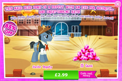 Size: 1958x1298 | Tagged: safe, imported from derpibooru, star spur, earth pony, pony, advertisement, appleloosa resident, background character, background pony, clothes, costs real money, cowboy hat, english, gameloft, gem, hat, junior deputy, male, mobile game, my little pony: magic princess, numbers, official, sale, sheriff's badge, solo, stallion, text, vest